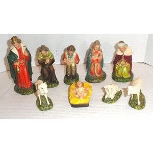 Lot of 9 Vintage Chalkware Nativity Set Figures Brit Zone Germany PLEASE READ